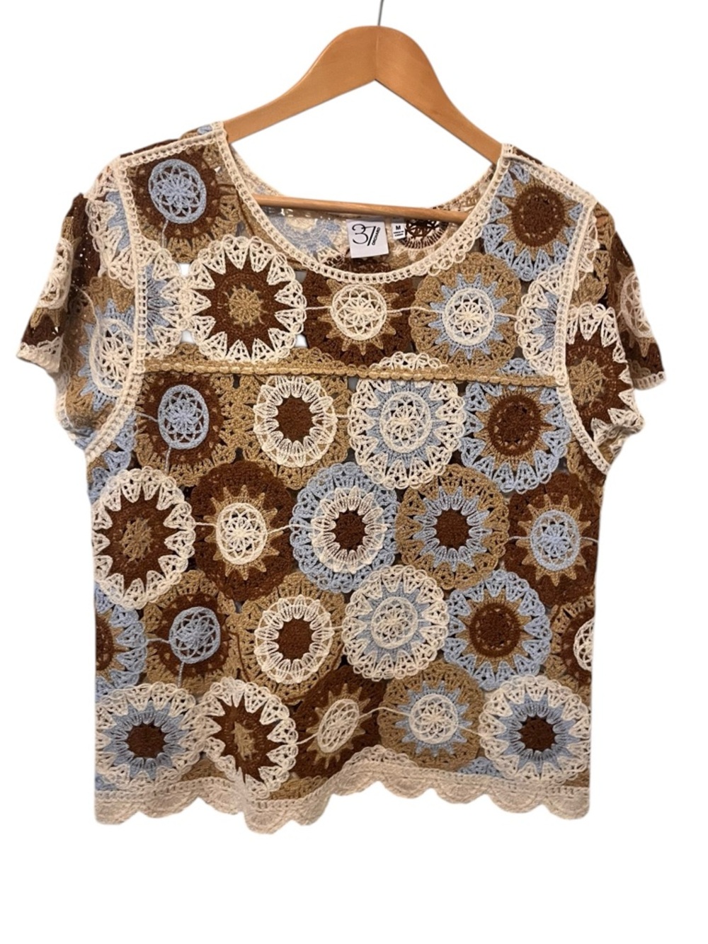 37‎ Orchard Crochet Brown Blue Cream Knit Boho Short Sleeve Shirt Size Medium